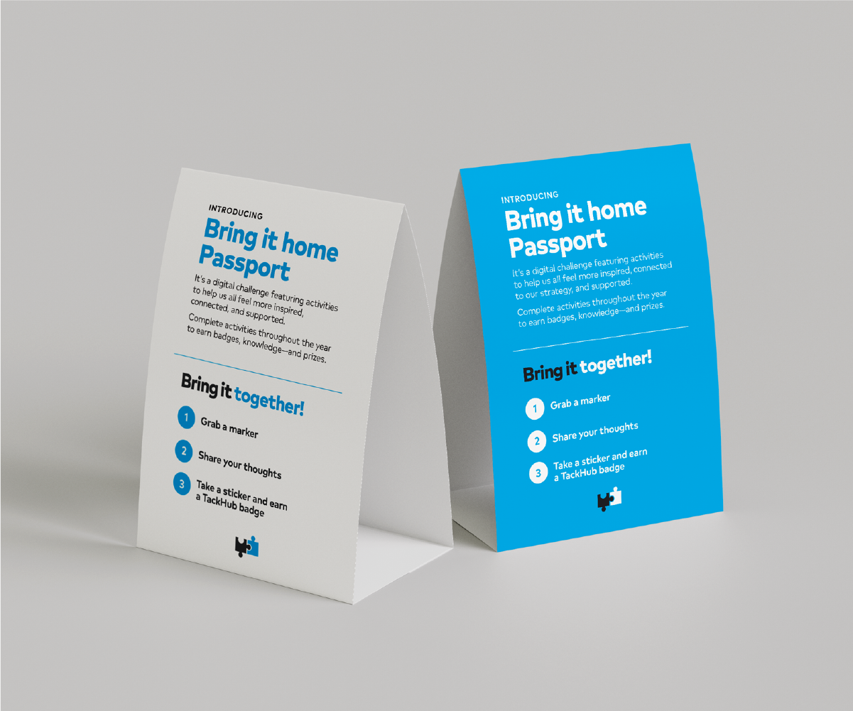 Two table tents with "Bring it home Passport" activity engagement description and instructions.