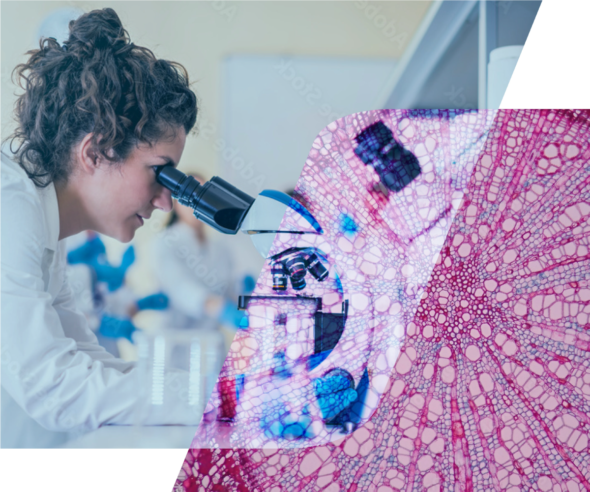 Example of Danaher Employer Branding element with side profile of young, white woman looking through a microscope and a colored textured overlayed on part.