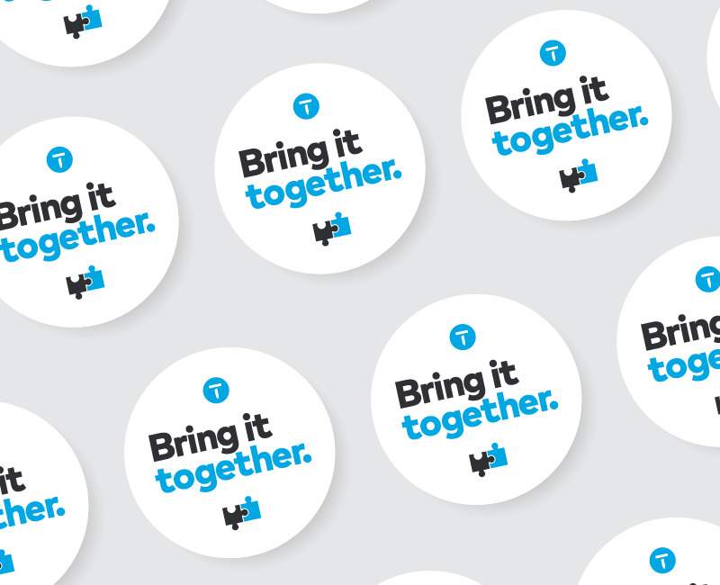 Repeating stickers that say "Bring it together" with the Thumbtack logo and puzzle piece icon.