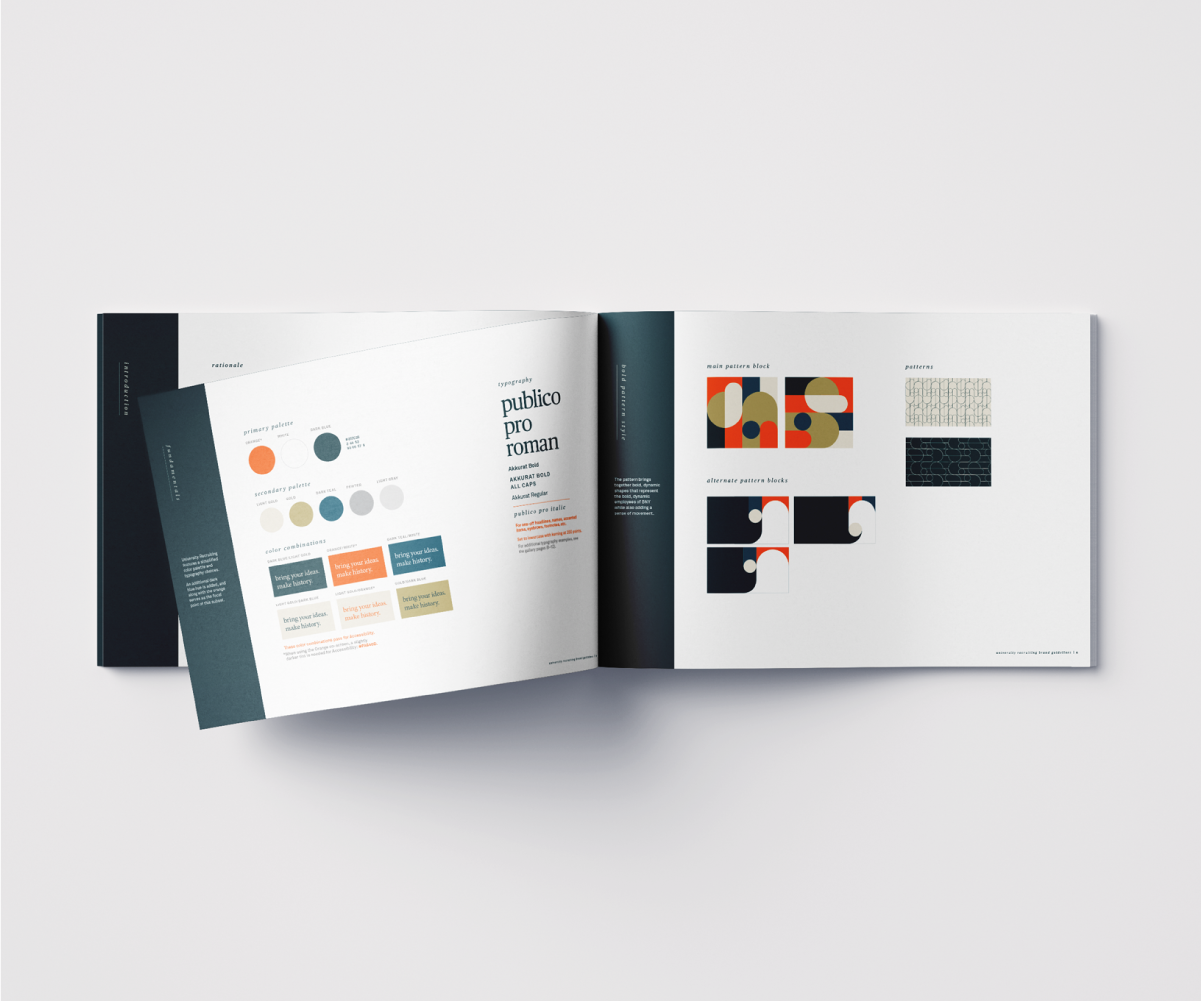 Magazine layout of brand guidelines depicting color palette, typography, shapes, and patterns.