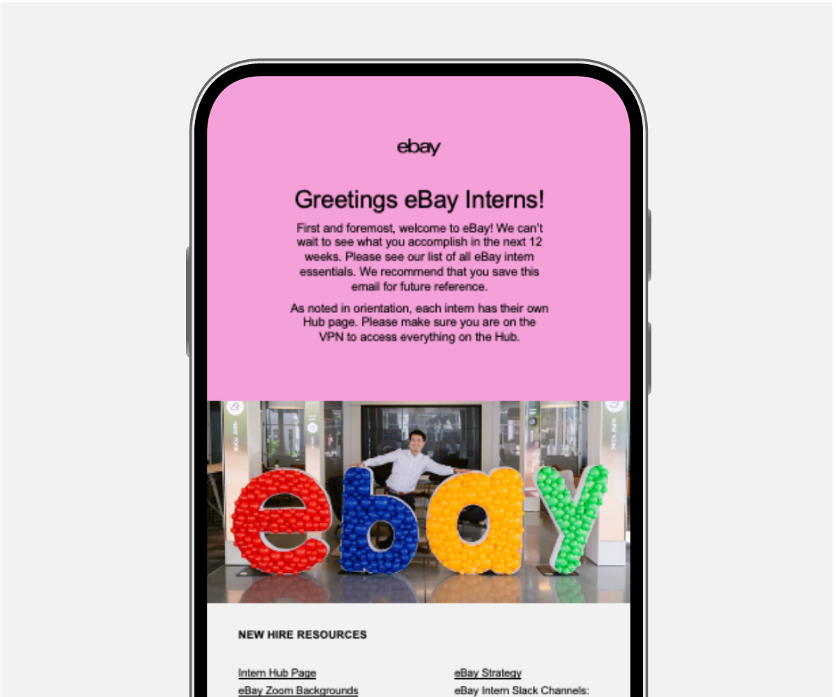 Mobile view of welcome email greeting eBay interns.