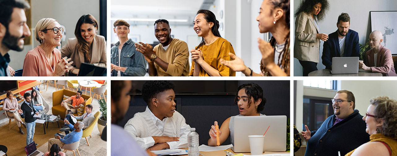 a mosaic of stock photos showing a range of body types, ethnicities and ages in various workplace settings