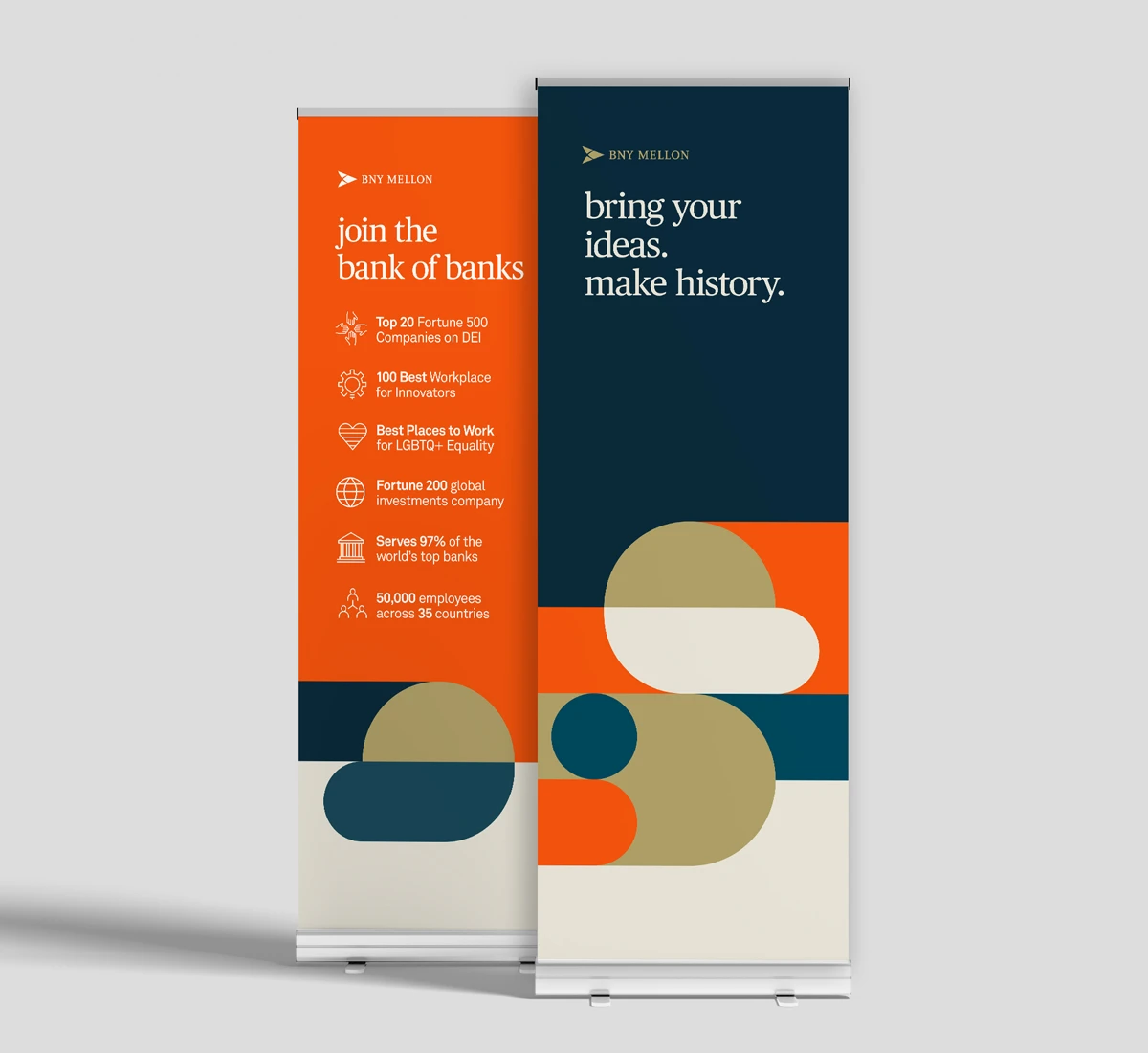 Two orange and dark blue BNY recruitment banners highlighting employer brand benefits at a university career fair.