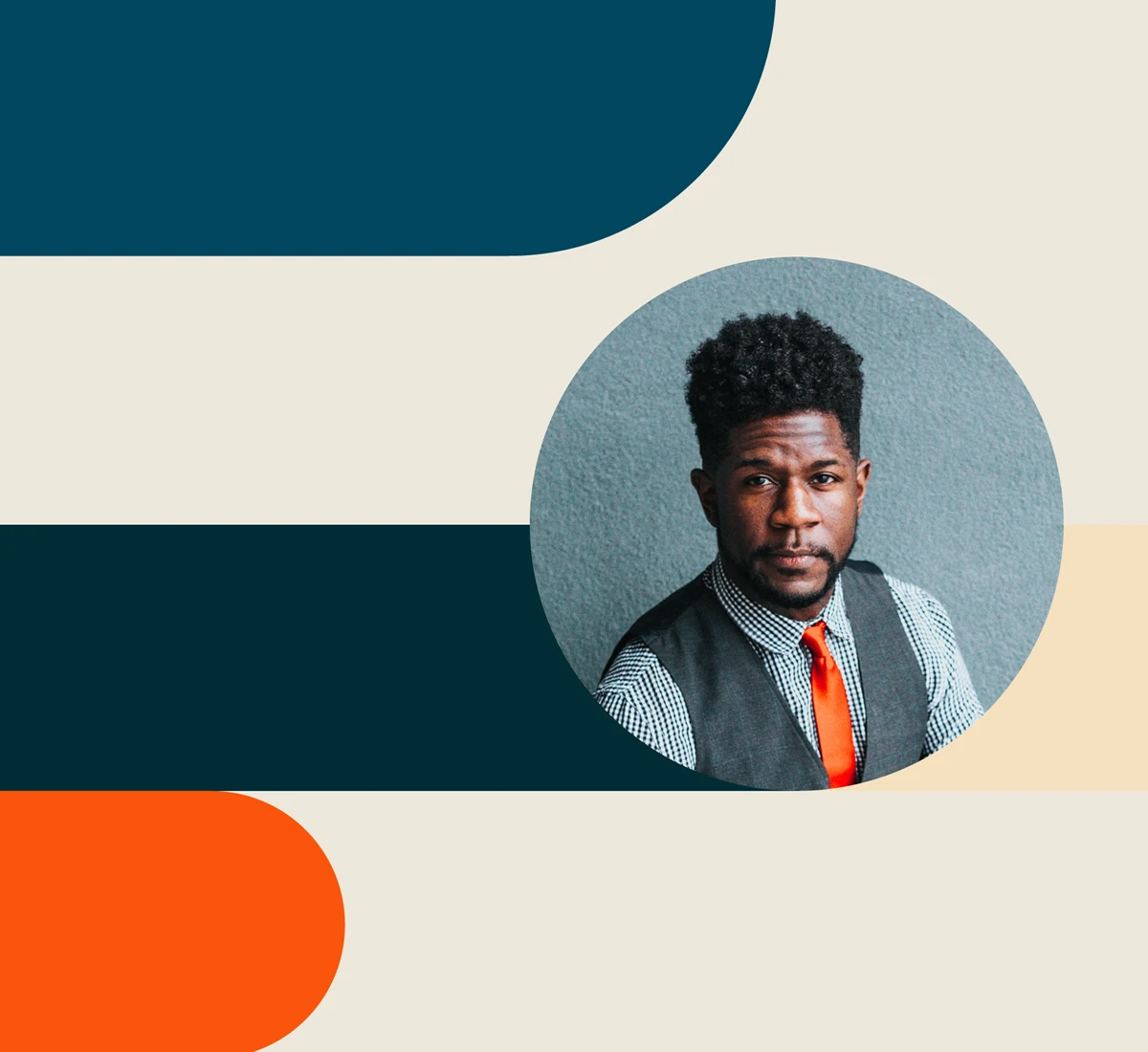 A Black man in a vest and orange tie pictured inside a circular frame over teal and cream geometric stripes.