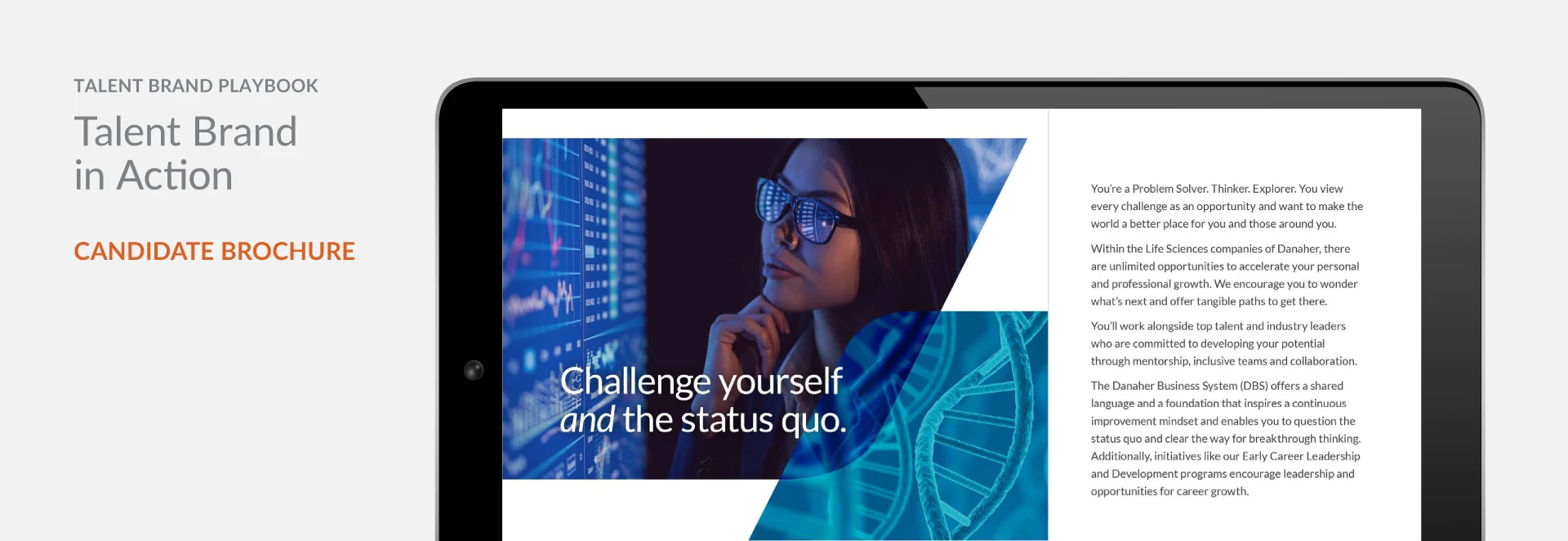 A digital tablet displaying a corporate employer branding layout template for Danaher Life Sciences.