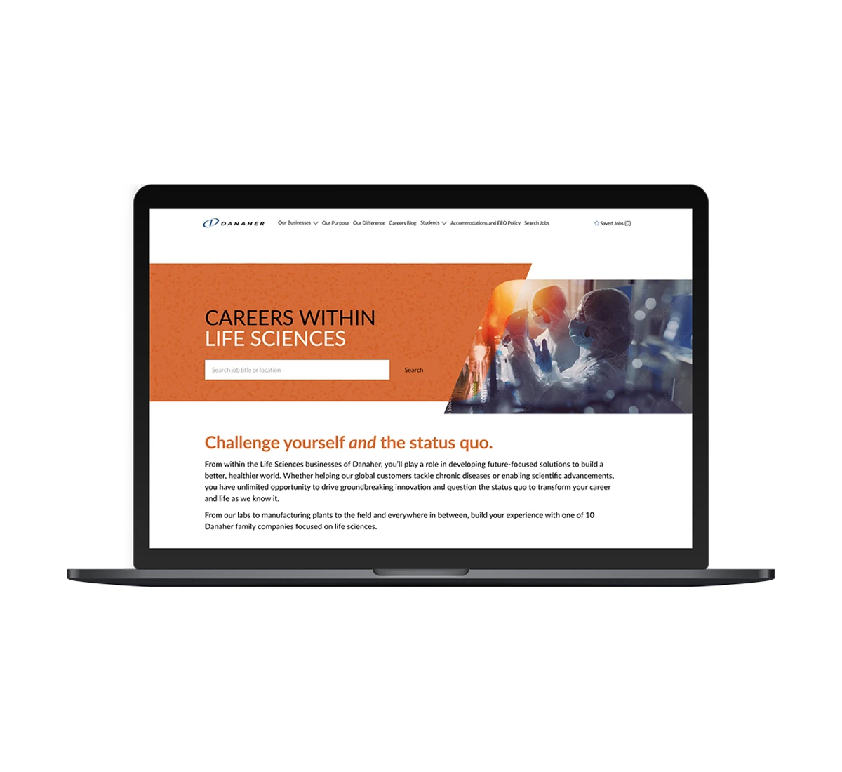 A laptop displaying the Danaher Life Sciences career page, featuring an orange banner and search filters.