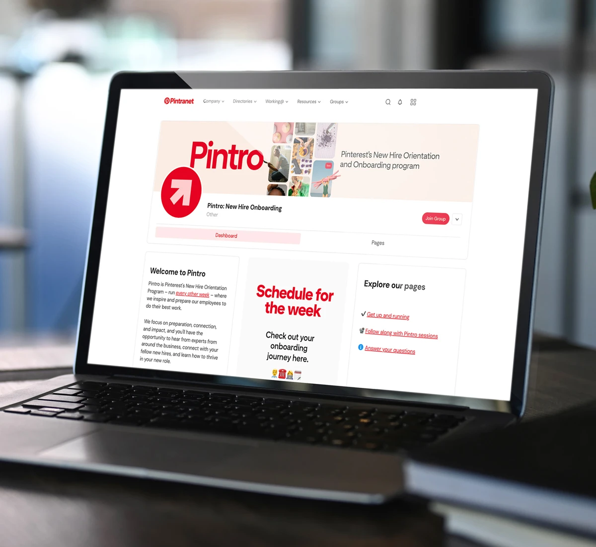 A laptop displaying Pinterest's task-based new hire onboarding hub, Pintro, built to consolidate company intranet content.