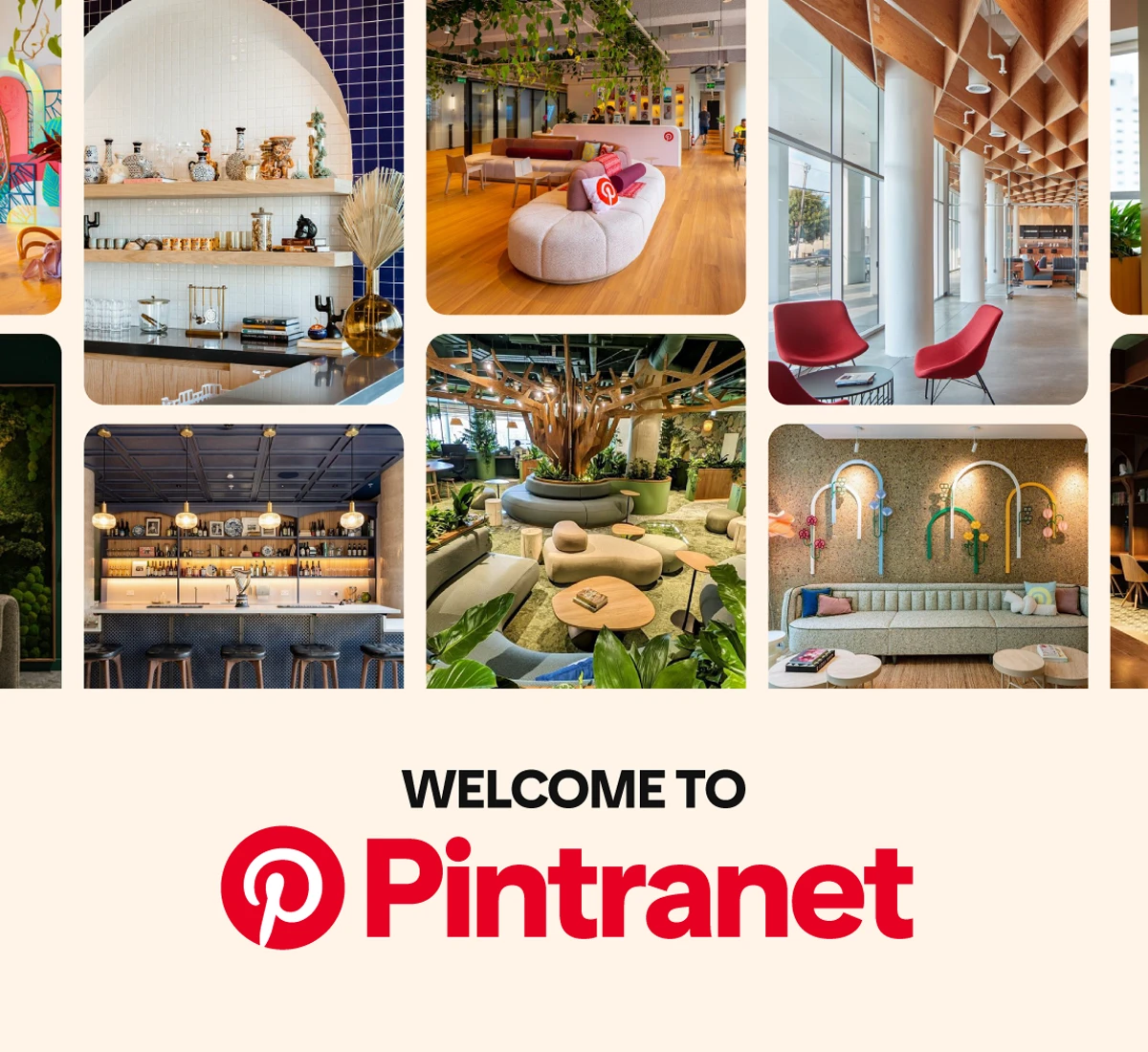 A photo grid of creative global workspaces above text welcoming employees to the new Pintranet hub.