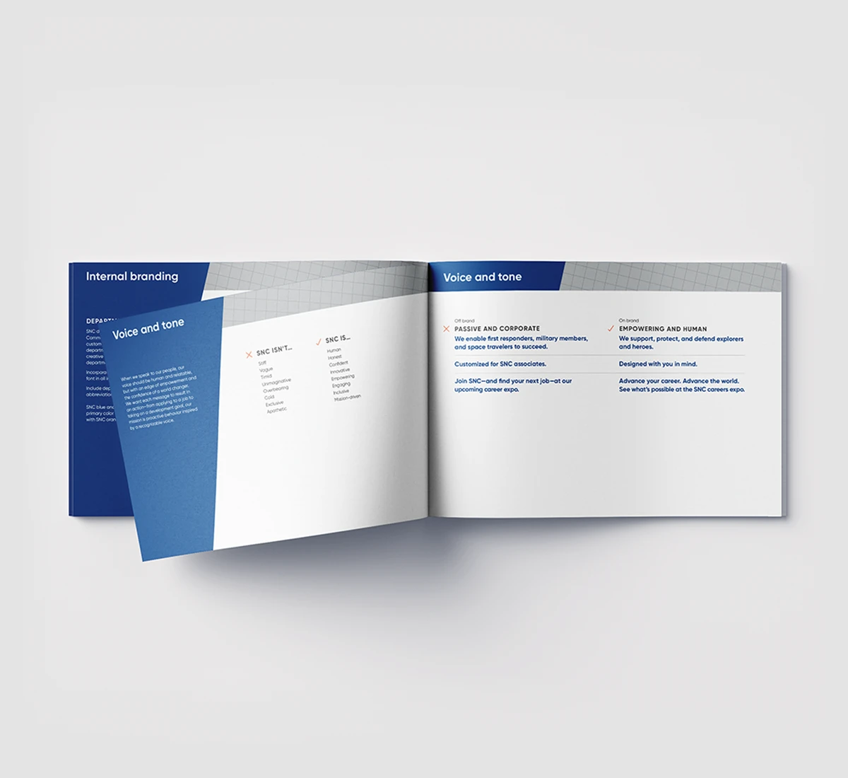 An SNC brand guide opened to show typography rules, tone of voice standards, and interior page layouts. 