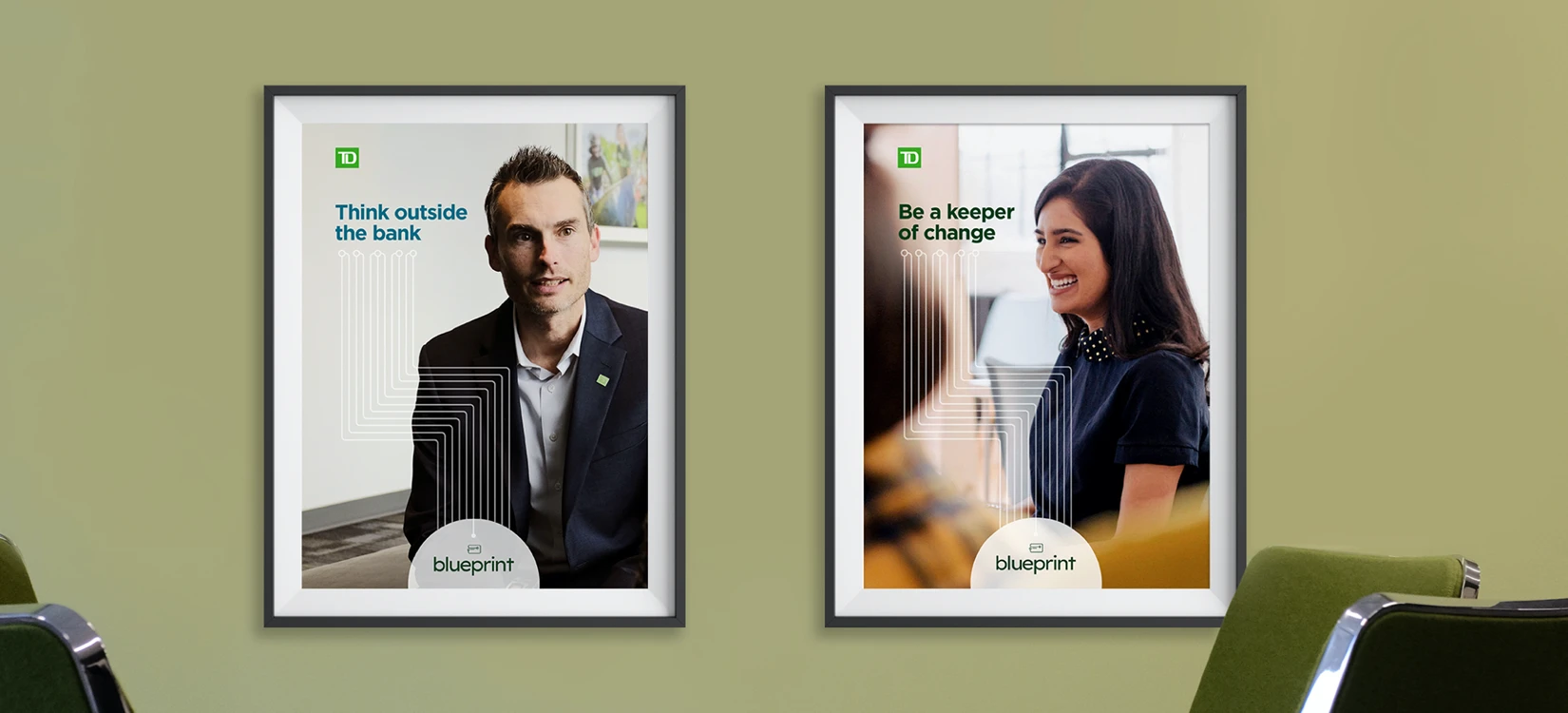 Two framed posters hanging on a green wall, featuring TD Bank employees and TD Blueprint employer branding.